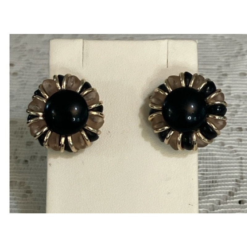 Vtg West Germany Black And Pinkish Taupe Lucite Stone Clip On Earrings 25$